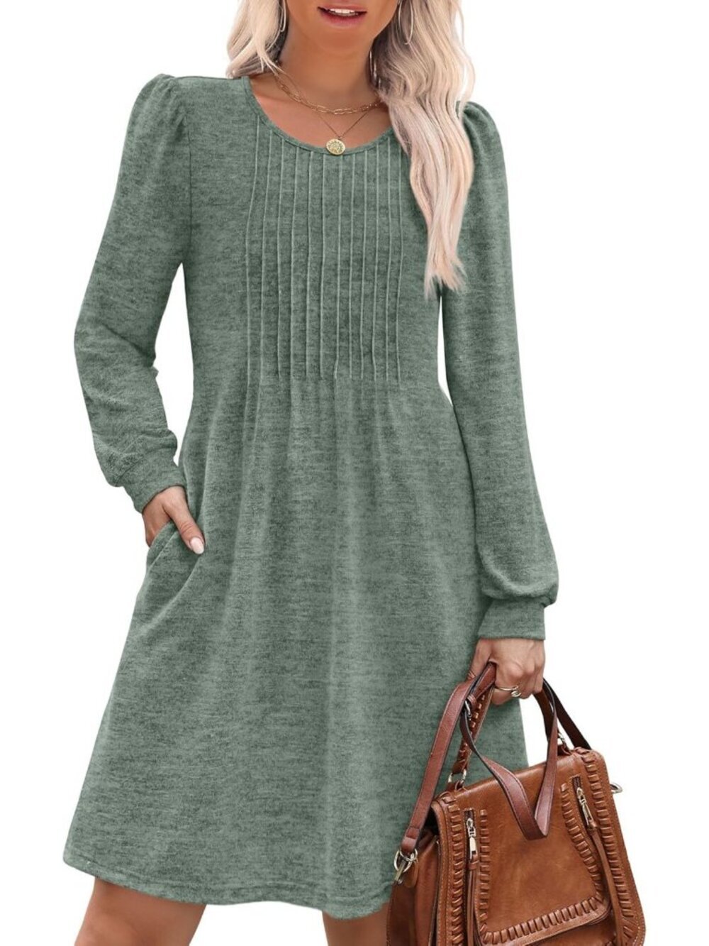 Women's Green Pleated Crew Neck Pockets Fall Baby Doll Sweater Mini Dress